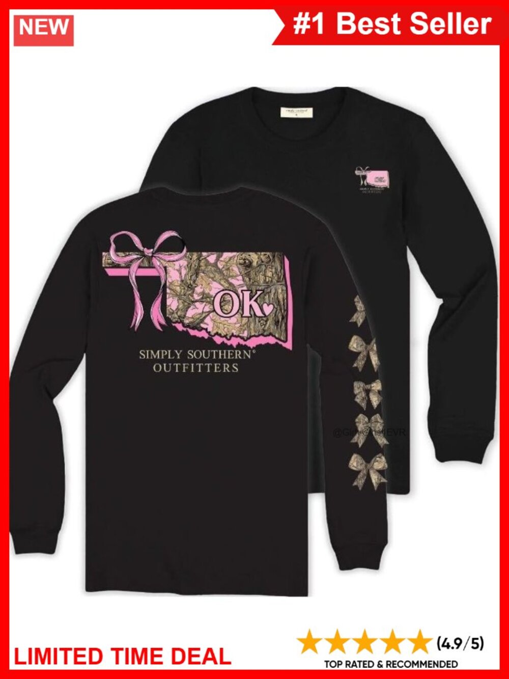 Simply Southern Oklahoma State Camo Bow Long Sleeve Crew Neck Tee